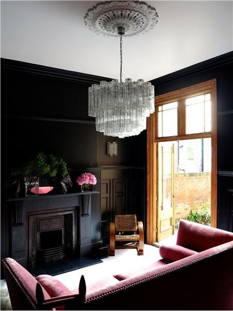 I like to play with the feel of interiors, throwing together things that you might not always think to combine Rosa Sofa, Ball Inspiration, Dark Living Rooms, Black Living Room, Pink Sofa, Dark Walls, Dark Interiors, New Living Room, Style At Home