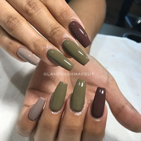 Olive gray brown acrylic coffin square nails Green Brown Nails Acrylic, Nail Ideas Green And Brown, Nail Inspo Brown And Green, Sage Green And Brown Nails Acrylic, Olive Coffin Acrylic Nails, Brown And Sage Green Nails, Nails Inspiration Green And Brown, Green And Brown Almond Nails, Army Green And Brown Nails