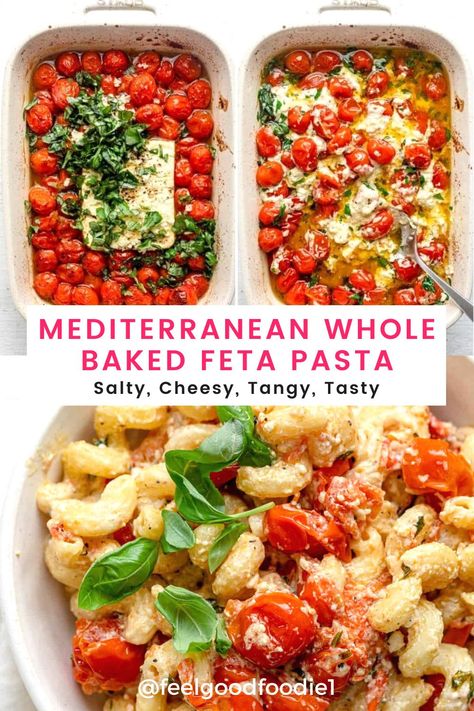 Baked feta pasta is a simple recipe made by oven roasting a block of feta cheese with cherry tomatoes to create a salty and cheesy sauce! Pasta Recipes | #uunifetapasta | Cheesy Pasta | Mediterranean Recipes | Tomatoes And Mozzarella Pasta, Feta Pasta Tomato, Block Feta Tomato Pasta, Feta Cheese Grape Tomatoes Pasta, Sheet Pan Feta Pasta, Mediterranean Feta Pasta, Feta Cheese Zucchini Pasta, Cherry Tomato And Feta Cheese Pasta, Pasta Tomato Feta