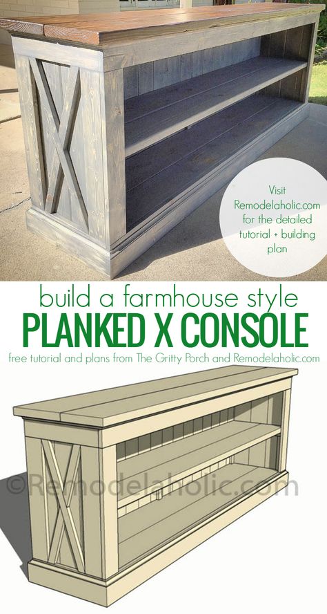 This sideboard can be used is so many different ways. Love this style! DIY tutorial and plans to build your own farmhouse style planked X console for a TV or dining room sideboard. Building plans at Remodelaholic.com #remodelaholic #buildingplans #sideboard #farmhousestyle #farmhouse Sideboard Diy, Farmhouse Tv Console, Diy Office Desk, Jar Projects, Diy Farmhouse Style, Wood Furniture Plans, Dining Room Sideboard, Diy Office, Sideboard Console