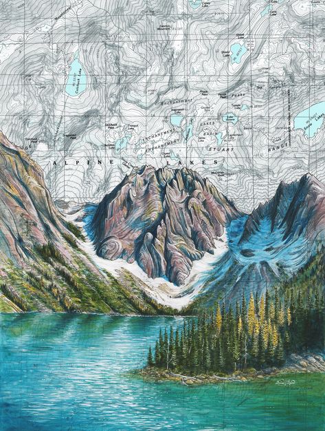 Colchuck Lake Wall Art, the Enchantments Painting Print Illustration, Washington Mountain Print Alpine Lake Mountain Art Map Art - Etsy Topography Map Art, Map Collage Art, Colchuck Lake, Painted Map, Washington Mountains, Topography Map, The Enchantments, Alpine Lake, Print Illustration