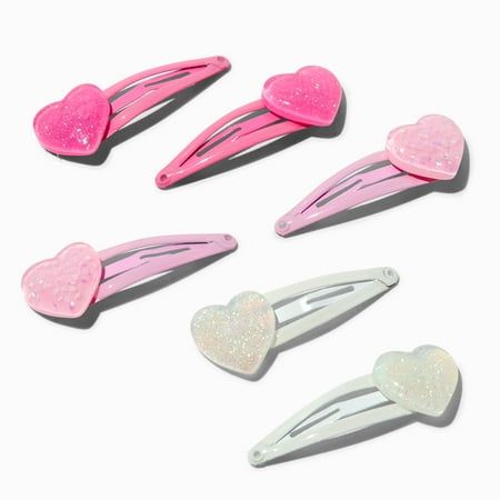 Claire's Club Little Girls Pink and White Heart Charm Hair Clips with Glitter, 6-Pack is a charming set of hair accessories designed to add a touch of sparkle and love to any hairstyle. Each clip features a cute heart charm in pink and white, embellished with glitter for an extra dash of fun. Perfect for everyday wear or special occasions, these clips are a delightful way for little girls to accessorize and express their style. Size: one size.  Gender: female.  Age Group: adult. Cute Pink Clips At Cheap Price, Claires Heart Earrings, Playful Pink Hair Accessories For Gifts, Claires Earrings Clip Ons, Pink Star Hair Clip, Kids Hair Clips, Heart Hair, White Heart, Pink Girl