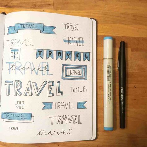 Roadtrip Journal Ideas, Travel Journal Doodles, Travel Title Ideas, Bujo Travel Planning, Bullet Journal Travel Page, Travel Journal Title Page, Trip Journal Ideas, Travel Bullet Journal Ideas, Travel Bullet Journal