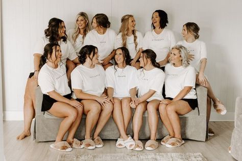 wedding party getting ready tshirts - Google Search Getting Ready T Shirts Wedding, Bridal Party Prep Outfit, Getting Ready Oversized Shirts, Oversized Tshirt Bridal Party, Get Ready Shirts For Wedding, Oversized Tshirt Bridesmaid Getting Ready, Plus Size Getting Ready Outfit Wedding, Getting Ready Pictures Bridesmaids, Getting Ready Wedding Photos Bridesmaids Outfit