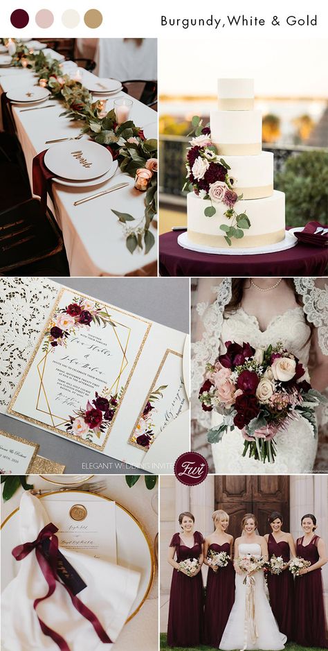 Maroon Wedding Inspiration, Wedding Colors Burgundy And Gold, Burgundy And Pastel Wedding, Burgundy And Gold Wedding Ideas, Garden Wedding Motif Ideas, Burgundy Gold And White Wedding Decor, Wedding Motifs Ideas, Wine Red Gold And White Wedding, Rustic March Wedding Ideas