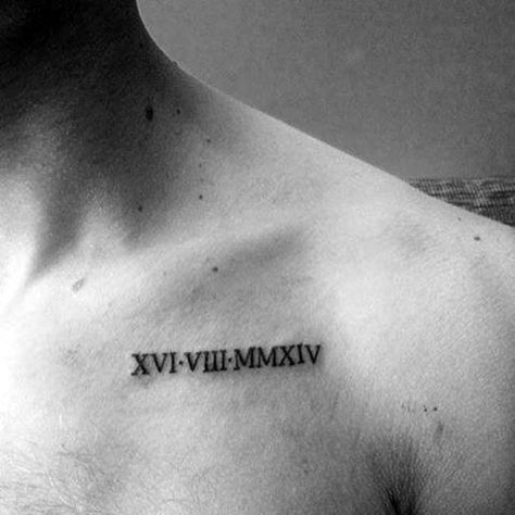 Tiny Roman Numeral Mens Upper Chest Tattoos Roman Numeral Tattoos, Roman Numerals Tattoo, Roman Numbers Tattoo, Numerals Tattoo, Datum Tattoo, Faith Tattoo On Wrist, Roman Tattoo, Tato Dada, Roman Numeral Tattoo