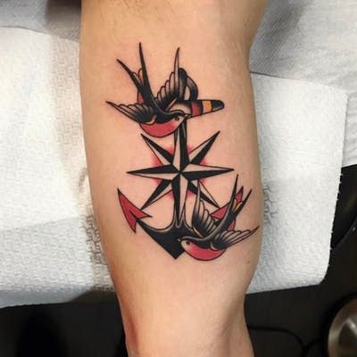 Tattoo uploaded by Ross Howerton | Two swallows flying around a nautical star by Joe Tartartotti (IG—joe_tartarotti). #anchor #JoeTartarotti #nauticalstar #sailor #swallow #traditional | 387162 | Tattoodo American Traditional Tattoos, Swallow Tattoo Meaning, Traditional Anchor Tattoo, Swallows Flying, Nautical Star Tattoos, Little Heart Tattoos, Sailor Tattoos, Anchor Tattoo Design, Anker Tattoo