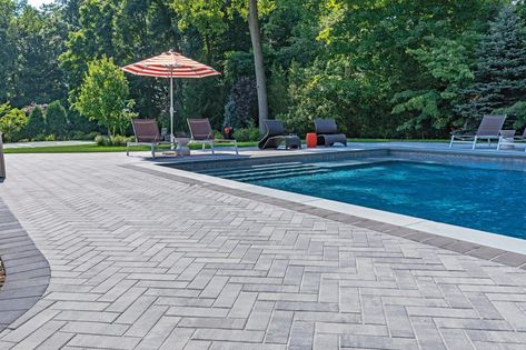 Herringbone Pool Deck, Swimmingpool Ideas, Pool Pavers Ideas, Pool Hardscape Ideas, Pavers Around Pool, Herringbone Patio, Pool Patio Pavers, Pool Deck Pavers, Paver Pool Deck