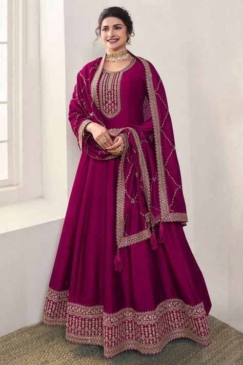 Prachi Desai Magenta Embroidered Silk Anarkali Dress Long Anarkali Gown, Anarkali Suits Bollywood, Georgette Anarkali Suits, Prachi Desai, Silk Anarkali, Long Anarkali, Anarkali Gown, Ghagra Choli, Designer Lehenga Choli