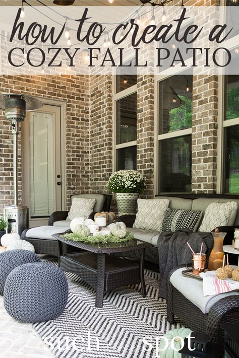 Southern Patio Ideas, Fall Screened Porch Decor, Fall Backyard Decor, Fall Patio Ideas, Lanai Decorating Ideas Florida, Back Patio Decor, Cozy Fall Patio, Fall Patio Decorating Ideas, Back Porch Decorating