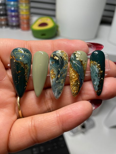 Green And Gold Marble Nails, Forest Green Nails, Green And Gold Marble, Gold Press On Nails, Neutral Nail Designs, Emerald Nails, Gold Acrylic Nails, Green Nail Art, Marble Nail Designs