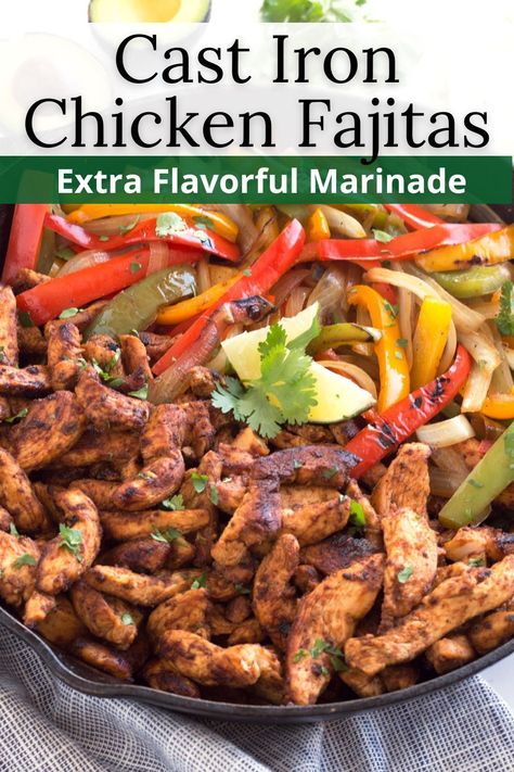 Turn dinner into a fiesta with this mouthwatering Chicken Fajita Recipe! Whether it's Cinco de Mayo or a regular weeknight, this easy cast iron skillet recipe is a winner. Bursting with flavor from an easy fajita marinade and served with tortillas, it's a family favorite! The marinade and chicken make great freezer friendly packets. Pioneer Woman Fajita Marinade, Authentic Mexican Fajitas Recipes, Grilled Chicken Fajitas Marinade, Fajita Meat Recipes, Easy Fajita Marinade, Chicken Fajitas Skillet, Chicken Fajita Marinade Recipe, Fajita Chicken Marinade, Fajita Marinade Recipe