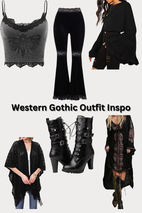 Western gothic outfits for women offer a captivating fusion of Western charm and gothic allure. With their unique blend of ruggedness and sophistication, these outfits allow individuals to express their individuality and creativity through fashion. Gothic Country Aesthetic Outfits, Dark Western Fashion, Western Gothic Outfit, Dark Country Outfits, Western Gothic Fashion, Dramatic Hats, Gothic Outfits For Women, Country Aesthetic Outfit, Southern Gothic Fashion