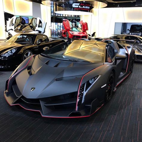 Lamborghini Veneno Roadster finished in exposed satin carbon fiber w/ Rosso accents  Photo taken by: @fabutaha on Instagram Lamborghini Roadster, Lamborghini Veneno Roadster, Veneno Roadster, Carbon Fiber Wallet, Lamborghini Veneno, Valentine Photography, Futuristic Cars, Italian Cars