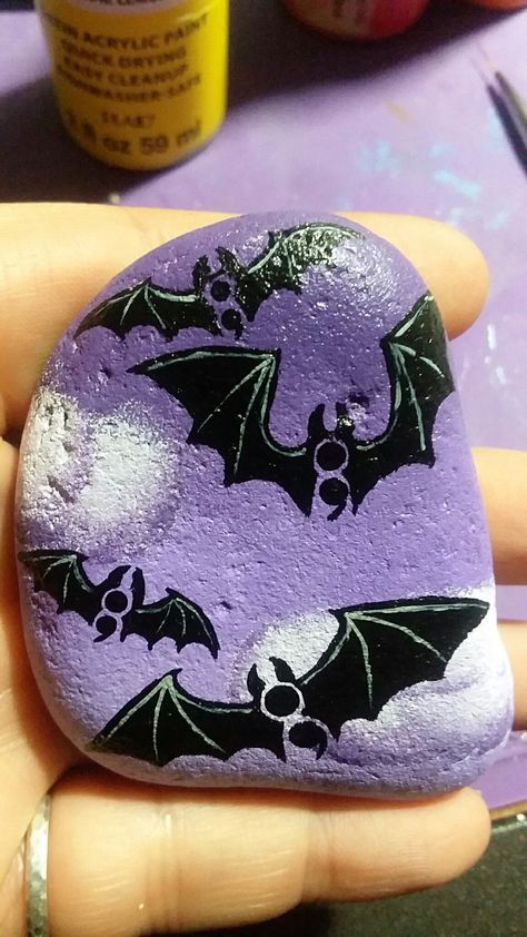 Bats semicolon project painted rock- kindness rocks project Bat Semicolon Tattoo, Bat Painting Ideas, Colon Tattoo, Kindness Rocks Project, Semicolon Project, Matching Friend Tattoos, Matching Friend, Bat Tattoo, Art Therapy Projects