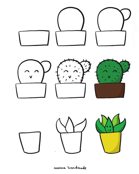 Easy Plant Drawings For Beginners, Easy Cactus Drawing, Draw Cactus, Draw A Cactus, Basic Drawing For Kids, School Doodles, Doodle Art For Beginners, Planner Doodles, Cactus Drawing