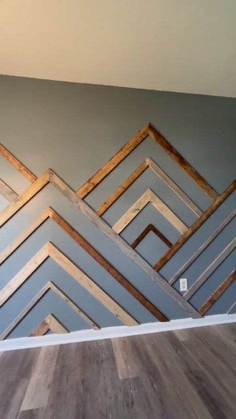 Mountain Wall Paneling, Odd Shaped Accent Wall, Accent Walls In Living Room Slanted Ceiling, Painted Design Accent Wall, Accent Walls In Living Room Modern, Geometric Wall Ideas, Wood Accent Wall Pattern, Painted Wood Accent Wall, Large Accent Wall Ideas