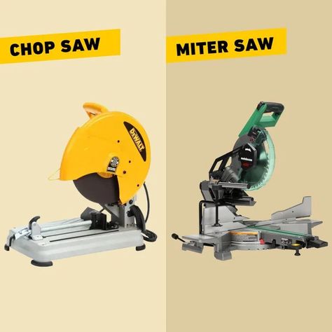 Chop Saw vs Miter Saw: What's the Difference? | The Family Handyman Clamp Storage, Types Of Saws, Miter Saw Table, Miter Saws, Diy Handyman, Chop Saw, Sliding Tracks, Carpentry Projects, Shelf Liner