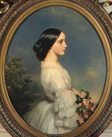 1860 Carmen Aguado, duchesse de Montmorency by Franz Xaver Winterhalter (Châteaux de Versailles et de Trianon - Versailles, Île-de-France, France) entire portrait From godsandfoolishgrandeur.blogspot.com:2013 10 01 archive.html Franz Xaver Winterhalter, Woman In White, Portrait Of A Woman, White Dress, Flowers, White, Art