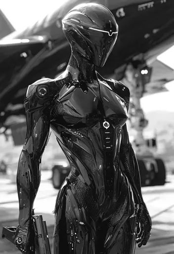 ↑↑↑ Larger size on website 🔸 A black and white image of a robotic figure, clad in a sleek, futuristic suit, stands in front of a  🔸 From Midjourney AI Image Future Robot Art, Humanoid Robot Concept Art, Robotic Suit, Scifi Robot, Futuristic Suit, Dark Cyberpunk, Sci Fi Robot, Intense Expression, Tech Armor