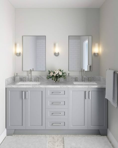 Right Offset Bathroom Vanity, Bathroom Custom Vanity, Light Grey Vanity Bathroom, 2 Mirrors In Bathroom, Small Double Vanity Bathroom, Ideas Under Staircase, Kids/guest Bathroom, Restroom Vanity, Staircase Bathroom