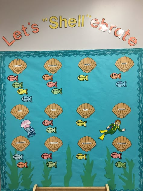 "LET'S "SHELL"EBRATE " 🐚BIRTHDAY BOARD  #Ocean #OceanTheme  #Preschool Ocean Theme Classroom Birthday Bulletin, Ocean Birthday Bulletin Board, Ocean Theme Birthday Chart, Birthday Boards For Classroom, Birthday Display In Classroom Preschool, Classroom Decor Birthday Board, Ocean Board Preschool, Birthday Board For Preschool, Ocean Theme Birthday Board