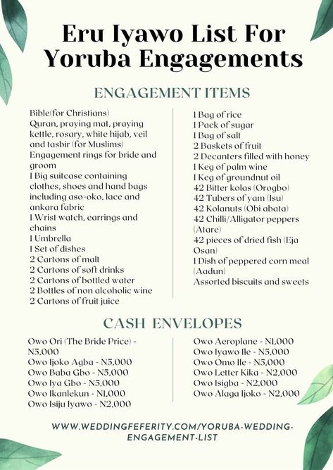 Eru Iyawo List, also knows as the Yoruba Bride Price List, Dowry List or Yorba Engagement List is a list of gift items that is a staple of Yoruba Marriage Culture. The list is given to the groom's family from the brides family. The grooms family then present the items and cash on the list to the bride's family at the traditional wedding ceremony. To learn the symoblic reason behind each gift item, click on the link to view more on www.weddingfeferity.com Eru Iyawo List, Yoruba Traditional Wedding Decoration, Nigerian Traditional Wedding Decoration, Yoruba Wedding Engagement, Yoruba Wedding Dress, Wedding Planning Checklist Budget, Yoruba Culture, Native Wedding, Wedding Photo List