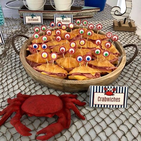 shark party crab sandwiches Crab Party Food, Crab Shaped Food, Crab Themed Food, Ocean Theme Appetizers, Crab Fest Party Ideas, Crab Theme Birthday Party, Crab Party Ideas, Crab Themed Party, Crab Birthday Party Ideas