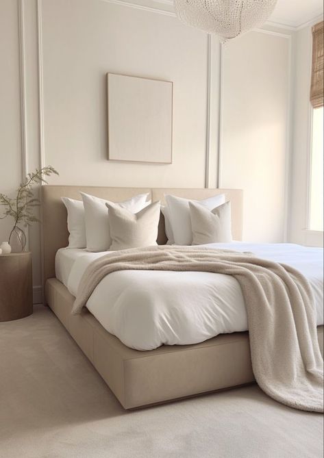 Tan And White Bedroom Aesthetic, Bedroom Neutral Inspiration, Cream Decor Bedroom, Luxury Cream Bedroom, Cosy Beige Bedroom, White Bed Set Ideas, Beige Bed Bedroom Ideas, Beige Modern Bedroom, Nude Bedroom Ideas