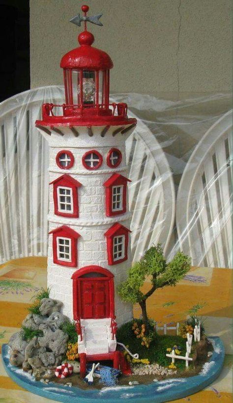 | Bottle Art Design With Waste Material| Bottle Art Design With Waste Material| Bottle Art Design With Waste Material Lighthouse Crafts, Clay Fairy House, Clay Flower Pots, Clay Houses, Wine Bottle Art, Glass Bottles Art, Wine Bottle Diy Crafts, Fairy Garden Houses, Clay Pot Crafts