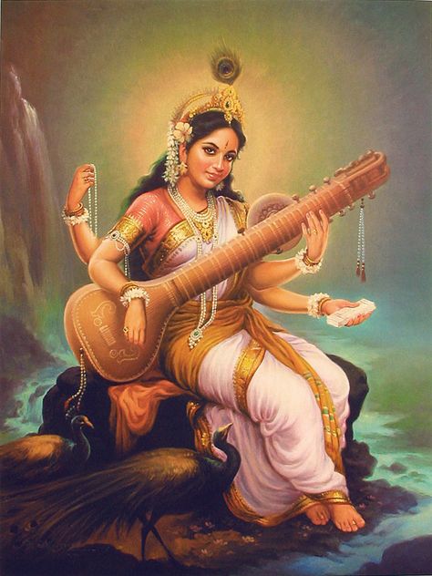 In Hinduism, Saraswati is the goddess of knowledge, music, arts and science. Brahma Dev, Saraswati Mata, Saraswati Devi, Saraswati Goddess, Indian Goddess, Hinduism Art, Hindu Mythology, Poster Photo, God Pictures