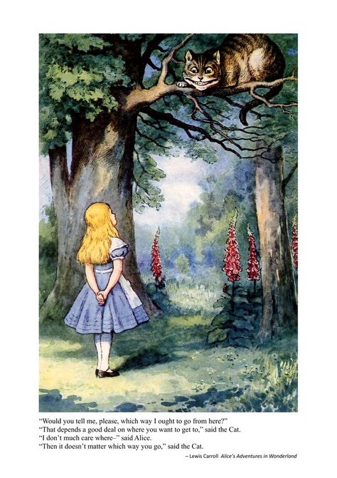 A printable poster with a quote from Alice in Wonderland: “Would you tell me, please, which way I ought to go from here?” “That depends a good deal on where you want to get to,” said the Cat. “I don’t much care where–” said Alice. “Then it doesn’t matter which way you go,” said the Cat. Cheshire Cat Illustration, Alice In Wonderland Poster, Alice In Wonderland Decorations, Alice In Wonderland Vintage, Alice In Wonderland Illustrations, The Cheshire Cat, Flame Tree, Music Art Print, Sheet Music Art