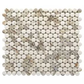 Calacatta Vecchia Ceramic Penny Mosaic Penny Mosaic, Penny Tile, Yellow Tile, Polished Porcelain Tiles, Round Tiles, Porcelain Wall Tile, Stone Look Tile, Hexagonal Mosaic, Marble Look Tile