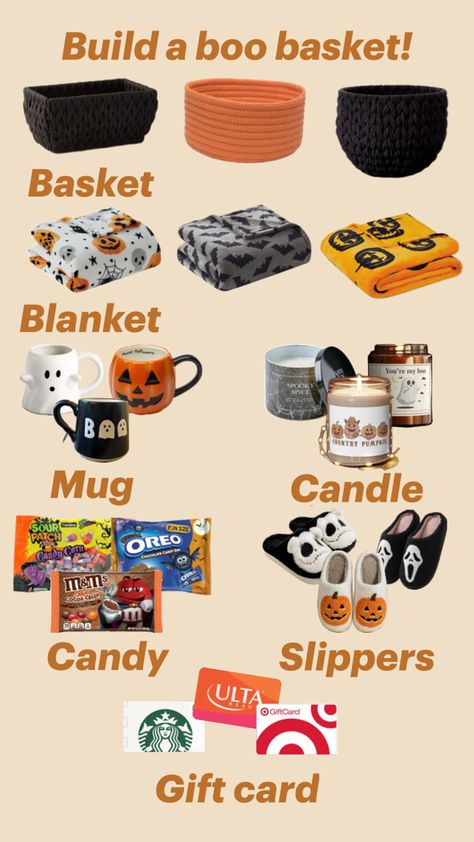 All Things Fall And Halloween, Items For A Boo Basket, Boo Baskets Aesthetic, Fall Self Care Gift Basket, Still Falling For You Basket, Boo Basket Inspo For Bf, Fall Boo Basket Ideas For Best Friend, Boo Basket For A Friend, Teacher Halloween Basket Ideas