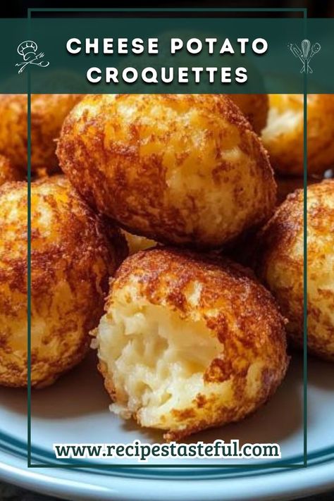 Indulge in the crispy, cheesy goodness of homemade cheese potato croquettes. These delightful bites are perfect as an appetizer or a comforting snack, combining creamy potatoes with rich cheddar and Parmesan, all encased in a crispy coating. Cheesy Potato Bites, Potato Cheese Bites, Creamy Potatoes, Croquettes Recipe, Parmesan Cheese Potatoes, Cheese Potato, Potato Croquettes, Crispy Cheese, Potato Bites