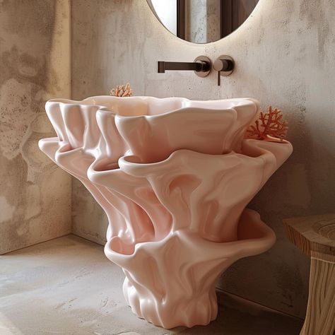 Coral shaped bathroom basins are exquisite fixtures that bring a touch of nature’s beauty into bathroom design. Inspired by the delicate and intricate structures of coral reefs, these basins often feature flowing, organic lines and textures that evoke the underwater world. Crafted from materials like ceramic, glass, or stone, coral shaped bathroom basins not only enhance the aesthetics of the space but also offer practical functionality. They can be found in various colors and finishes, from ... Organic Shape Interior Design, Organic Shape Furniture Design, Coral Reefs Aesthetic, Organic Design Interior, Coral Ceramics, Coral Reef Aesthetic, Organic Shapes In Nature, Furniture Inspired By Nature, Ceramic Architecture