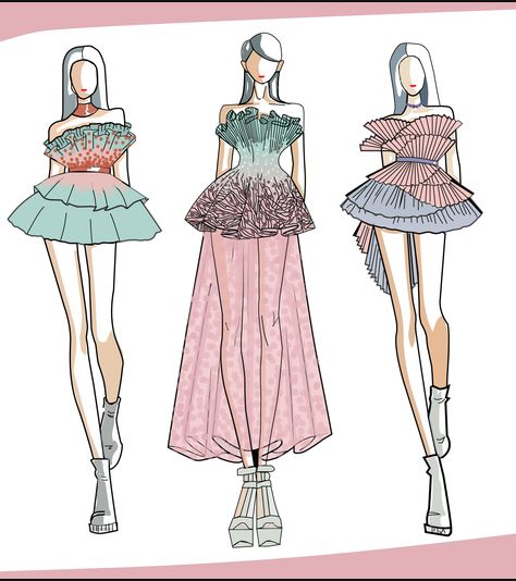 Coral inspired fashion illustrations done on Adobe Illusrator! Coral Inspired Dress, Dresses Inspired By Architecture, Adobe Fashion Illustration, Sea Inspired Fashion Illustration, Coral Fashion Design, Coral Inspired Fashion, Coral Draw Design, Coral Outfit Ideas, Fox Coral