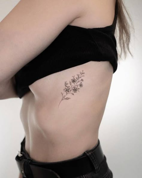 Flower Rub Tattoos, Small Floral Rib Tattoo, Plumbago Tattoo, Small Rib Flower Tattoo, Nature Rib Tattoo, Flower On Ribs Tattoo, Delicate Flower Tattoo Ribs, Wildflower Rib Tattoo, Wildflower Tattoo Ribs