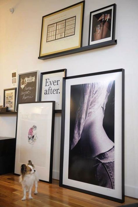 Leaning pictures or mirrors on the floor is one way to display large pieces. Another benefit are no holes in the wall! Big Art, Little Dogs, Art Display, Interior Inspiration, Large Art, A Dog, The Wall, Decor Inspiration, Frames On Wall