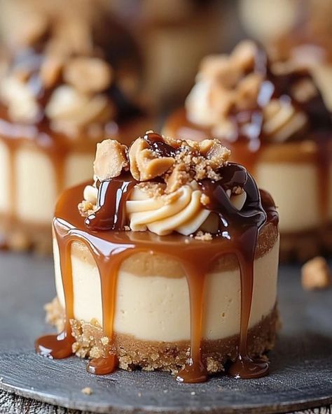 Irresistible Peanut Butter Caramel Mini Cheesecakes Recipe Best Cheesecake Desserts, Mini Chocolate Peanut Butter Cheesecakes, Peanut Butter Dessert Cups, Peanut Butter Mini Cheesecakes, Mini Cheesecakes Ideas, Muffin Pan Cheesecake Recipes, Mini Cheesecake Decorating Ideas, Peanut Butter Pie Cupcakes, Peanut Butter Swirl Cheesecake