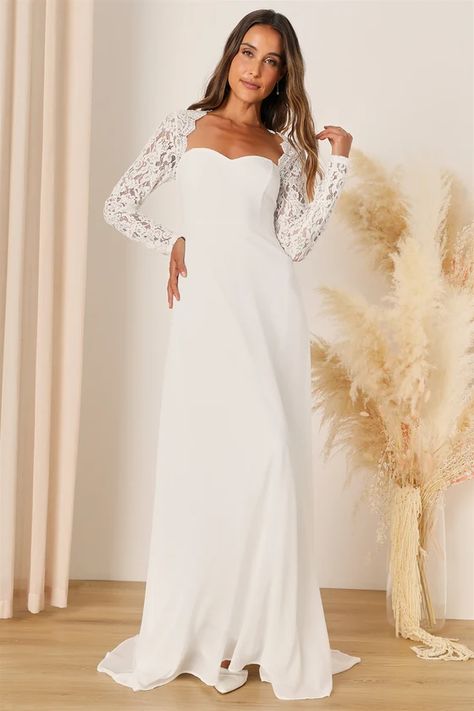 White Lace Long Sleeve Dress - Backless Maxi Dress - Lace Dress - Lulus Lightweight Long Sleeve Wedding Dress, White Lace Long Sleeve Dress, Grandparents Wedding, Cozy Wedding, Floor Length Wedding Dress, Simple Gowns, True Love Is, Backless Maxi Dress, Wedding Portfolio