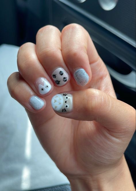 Short Nail Designs Studio Ghibli, Short Studio Ghibli Nails, Calcifer Nails, Totoro Nail Art, Studio Ghibli Nail Art, Nails Bday, Silly Nails, Totoro Nails, Studio Ghibli Nails