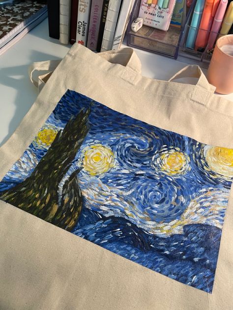 Starry night painting on a tote bag, cool artistic affordable tote bag for sale Starry Night Tote Bag, Canvas Bag Painting Ideas Diy, Painted Tote Bag Aesthetic, Aesthetic Tote Bag Painting, Custom Tote Bag Aesthetic, Painting On Tote Bags, Tote Bag Art Painting, Tote Bags Painting, Painted Tote Bag Ideas