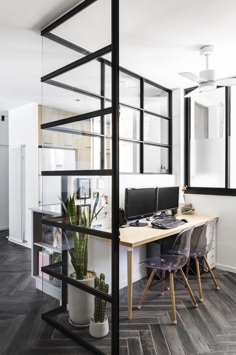 Office, Desk, Study Room Type, Porcelain Tile Floor, and Chair The glass-walled study is Efrat's favorite room in her home. Photo 9 of 21 in Budget Breakdown: A Stunning Apartment Revamp Mixes High and Low For Under $100K Study Room Glass Wall, Open Home Office, Home Office Glass Wall, Small Office Interior Design, Porcelain Tile Floor, Glass Wall Office, Study Room Design, Desk Study, Corporate Office Decor