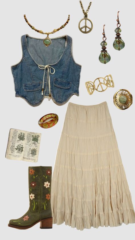 70s boho hippie outfit #outfitinspo #vintage #hippie #boho #70s 1960 Hippie Fashion, Woodstock 1969 Outfits, Country Hippy Outfits, 70s Themed Party Outfit, Hippie Clubbing Outfits, Hippy Country Outfit, Spring Color Pallete Outfits, Vintage 70s Aesthetic Outfits, Irish Festival Outfit