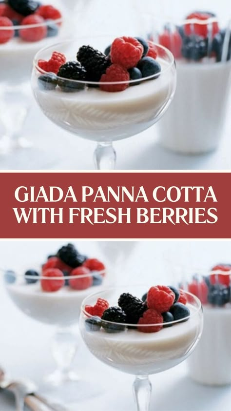 Giada Panna Cotta With Fresh Berries Creamy Gelatin Desserts, Pina Cotta Desserts, Penna Cotta Recipes, Panda Cotta Recipe, Panacota Recipe, Gelatin Dessert Recipes, Panda Cotta, Easy Panna Cotta Recipe, Milk Gelatin