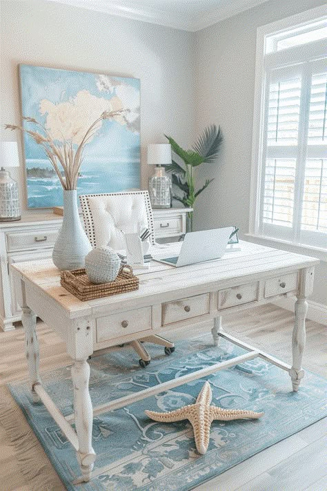 Ocean Theme Office, Beach Themed Office, Coastal Office Ideas, Chic Home Office Ideas, Beach Office Decor, Beach Theme Office, Coastal Office Decor, Coastal Study, Coastal Desk