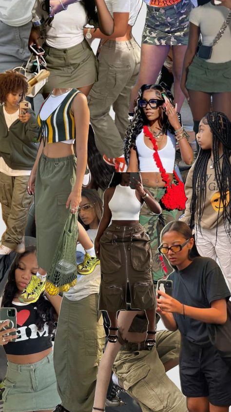 All Things Cargos #cargo #cargos #cargoskirt #cargoshorts #cargopants #cargomaxiskirt #camocargos #cargossummer #cargostrend Y2k Cargo Skirt Outfit, Maxi Cargo Skirt Outfit, Cargo Shorts Aesthetic, Cargo Skirt Outfit Ideas, Long Cargo Skirt Outfit, Style Cargo Skirt, Cargo Skirt Outfit, Hiphop Streetwear, Cargo Outfit