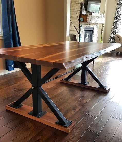 Live Edge Walnut Dining Table, Metal Base Dining Table, Steel Table Base, Welded Furniture, Wood Table Legs, Wood Table Design, Dining Table Rustic, Steel Dining Table, Steel Table Legs