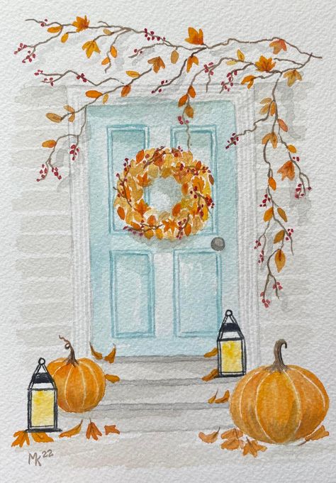 Autumn Drawing Watercolour, Fall Art Tutorials, Cute Fall Watercolor Paintings, Autumnal Watercolour Painting, Autumn Art Painting Watercolour, Autumn Watercolour Painting, Halloween Water Coloring Ideas, Autumn Watercolor Art, Autumn Watercolor Illustration